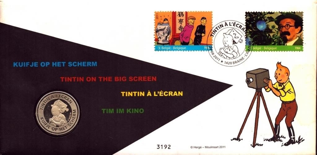 Enveloppe timbre-médaille Tintin à l'écran
