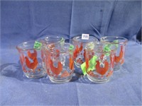 six glass mugs with red hens pattern