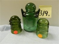 (3) Green Glass Insulators (2 as is), Large