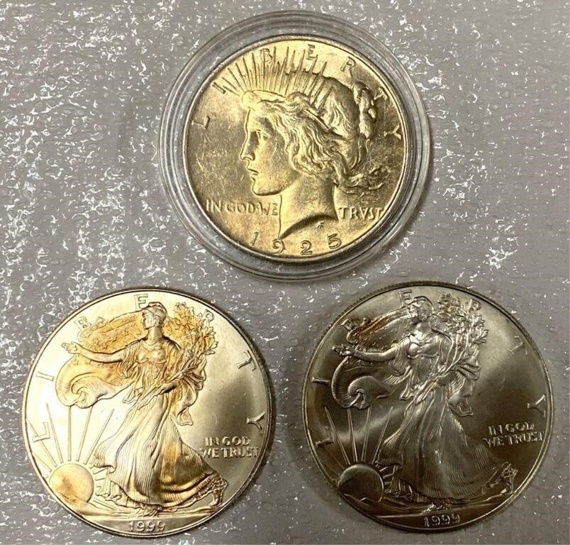 Two Silver Eagle Coins & Peace Silver Dollar