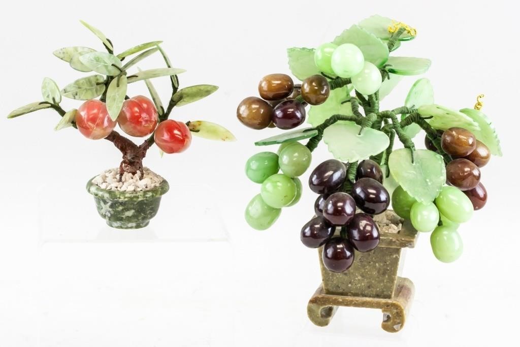 Two Chinese Jade Carved Grapes and Peaches Trees