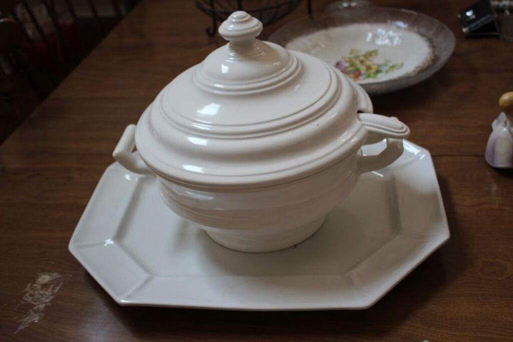 POTTERY BAR SOUP TUREEN W/LADLE AND UNDERPLATE