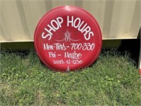 ROUND METAL SHOP HOURS SIGN