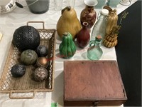 Vtg Wood Box, Ceramic Fruits, Vases, Basket w/