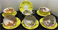 1950s Queen Anne china floral cups & saucers.