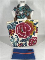 Embroidered Tote, Scarf & Makeup Junkie Bag