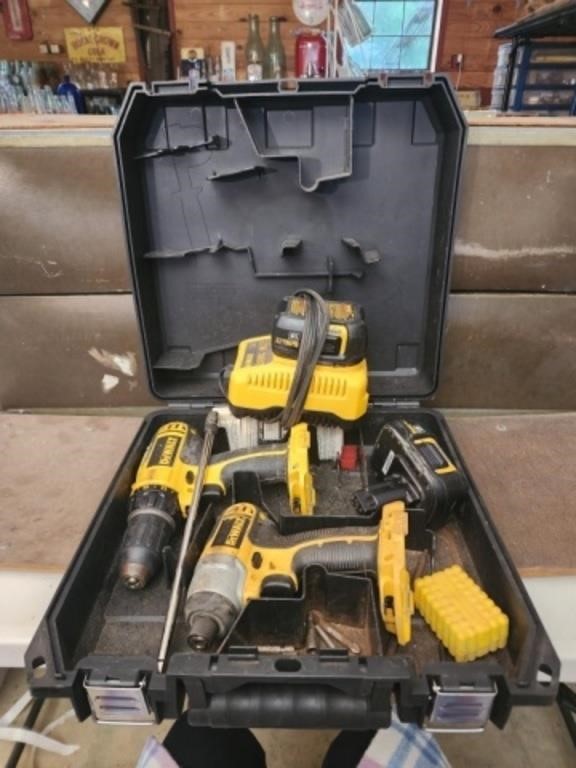 2 DeWalt drills 2 batteries and charger with case