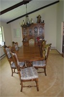Pine DR table 108x42x29"h, 6 chairs and china clos