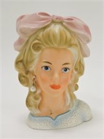 Lady head vase, pink hair ribbon, 6 1/2"