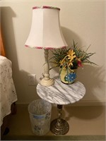 Bedside marble table with trashcan, lamp, flower