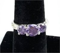 925 Silver Triple Amethyst Ring, Signed NF