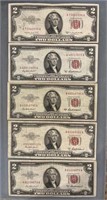Lot Of 5 - $2 Red Seal Notes Better Grade