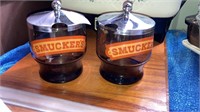 Pair of Smuckers smoke glass jelly jar servers