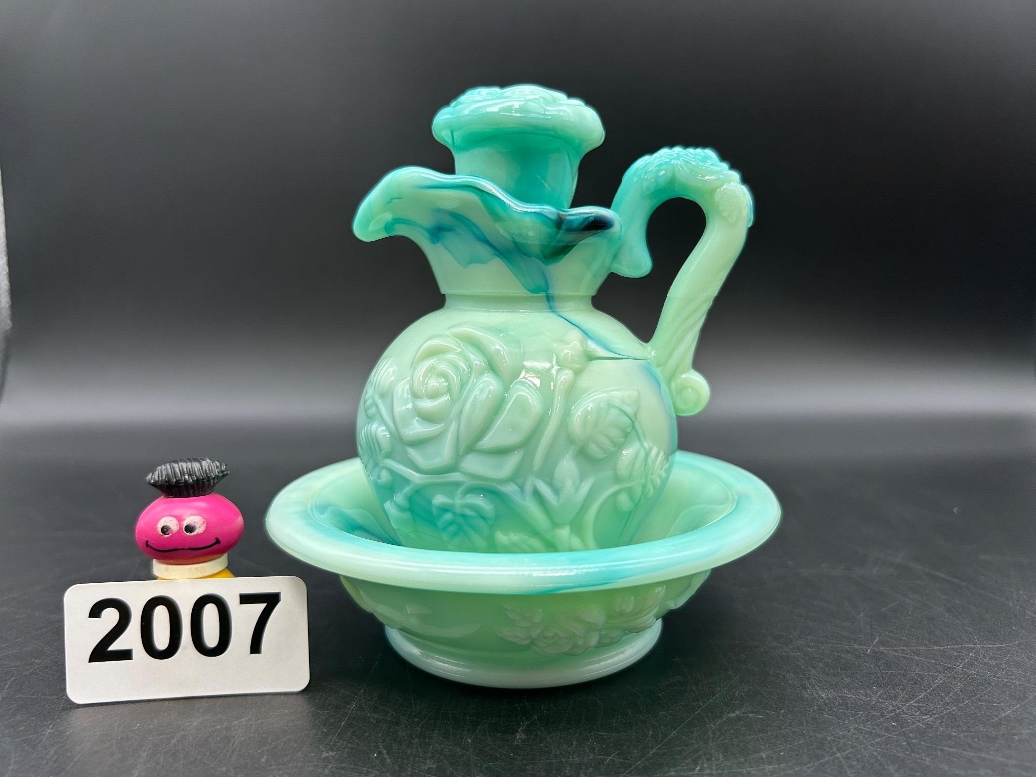 Pretty Green Slag Glass Pitcher w/bowl