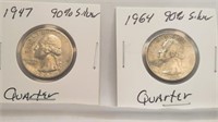 2 - 90 % Silver Quarters, 1947, 1964