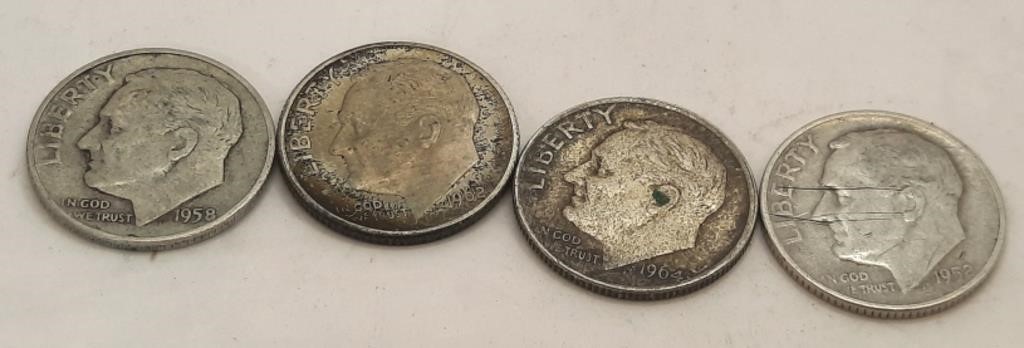 4 - 90% Silver Dimes, 1952, 58, 62, 64