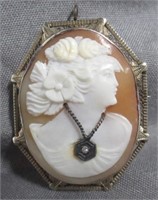 14K White gold cameo and diamond brooch. Measures