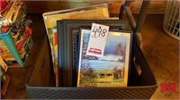 Box of Misc. Pictures w/ Frames & Road Atlases