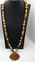 Jade, Hard Stone & Art Glass Pendant Necklace