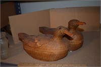 Two Brown Wicker Duck Lidded Baskets