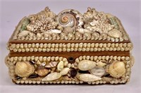 Shell carved Coquillage box, fabric lined interior