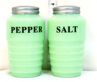 Pair round ribbed jadeite salt/pepper shakers