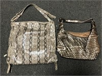 Lot of 2 purses, metallic woven and gray snakeskin