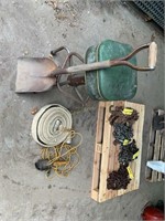 pump hose, stool, shovel, light