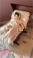 Doll cradle w/doll in vintage christening dress