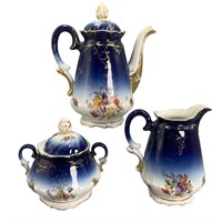 Antique Cobalt , Gilt & Transfer Porcelain Tea Set