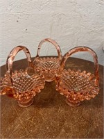 S/3 Pink Depression Hobnail Ruffled 6" Baskets