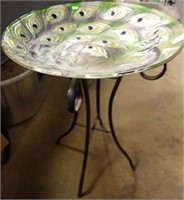 GLASS 18" PEACOCK DISH ON STAND 24"