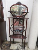 ANTIQUE CARVED MAHOGANY ETAGERE WITH BEVELED