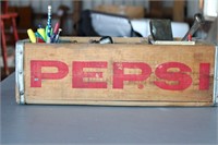 WOOD DIVIDED PEPSI CRATE WITH CONTENTS