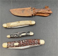 3 Vintage Soligen Pocket Knives & 1 Fixed Blade