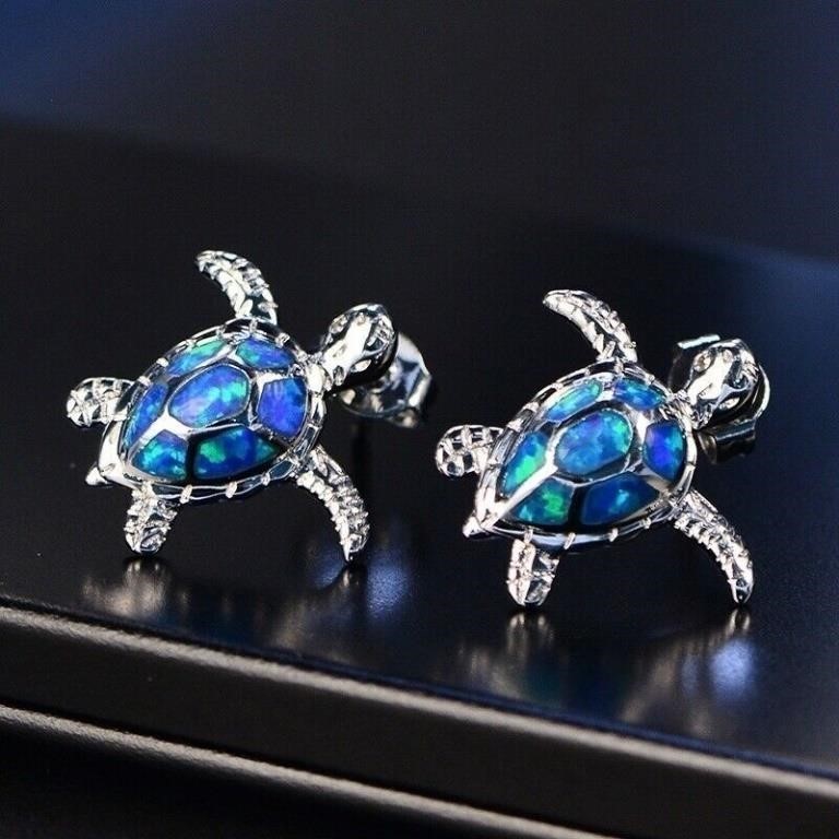 Cute Blue Fire Simulated Opal Dangle Stud