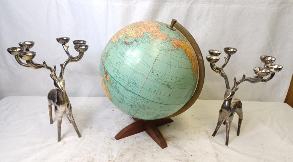 Globe And a Pair Of Deer Candle Holders