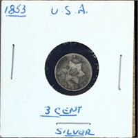 Rare 1853 Silver 3 cent United States Coin