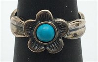 Sterling Silver Flower Ring W Blue Stone