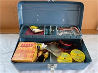 Vintage tackle box, lures, and fishing equip
