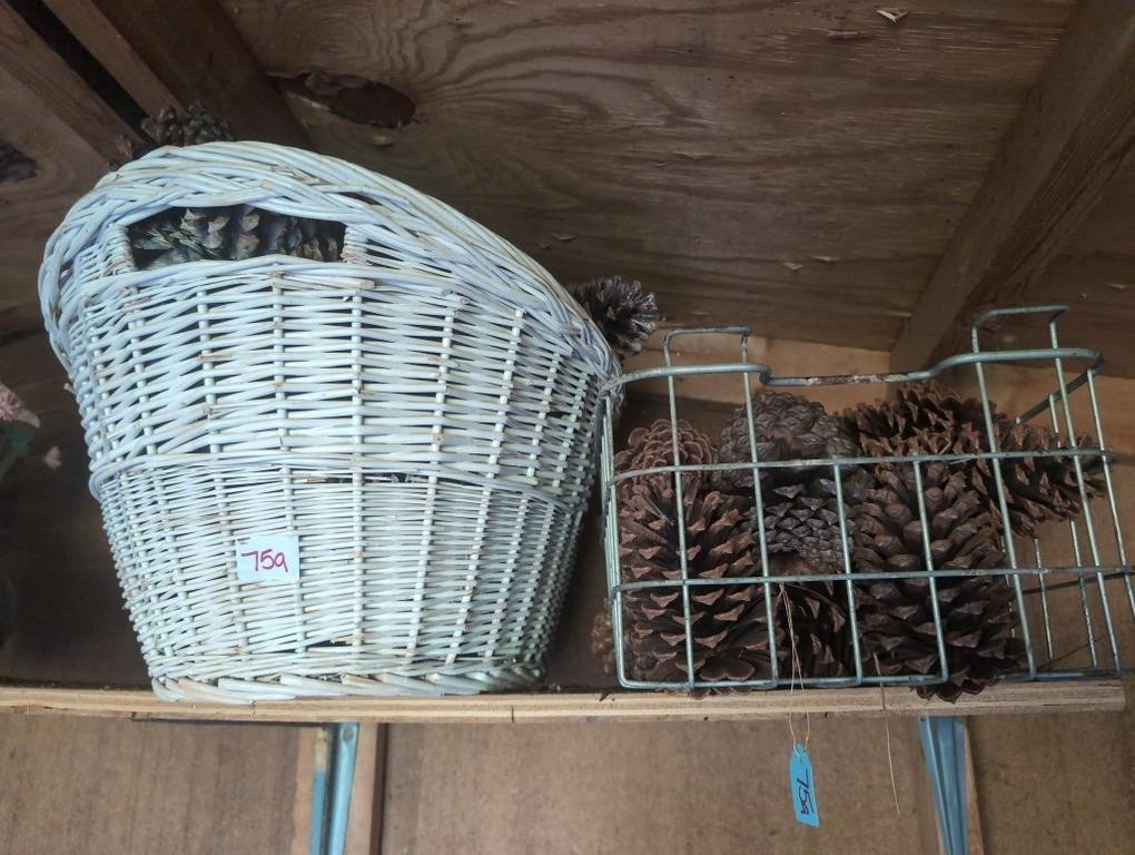 2 baskets filled w pinecones