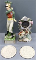 Porcelain Figure; Bisque Plaques & Watch Hutch