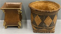 Decorated India Ink Waste Bin & Woven Basket Lot
