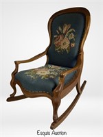 Antique Carved Wood Needlepoint Rocking Chair