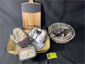 GROUP OF BASKETS, WALL HANGING BOARD AND A HAND HE