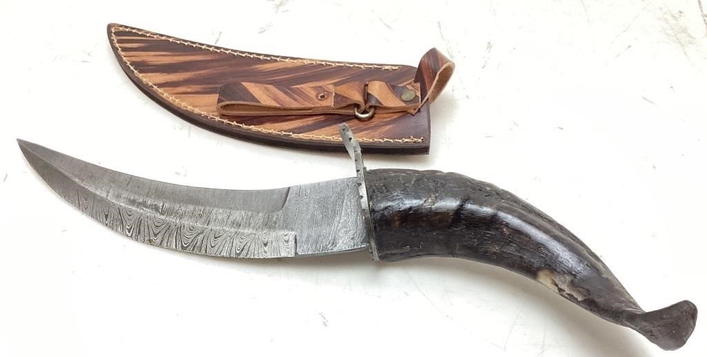 CURVED RESIN HANDLE DAMASCUS BLADE WITH LEATHER