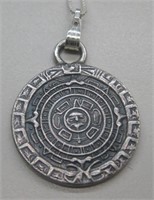 Vtg Sterling Silver Mayan Calendar Necklace