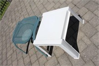 two patio tables, white plastic 17 X 19.5 X15.5"