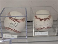 SIGNED BALLS IN ACRLYIC CASE COX, JOHNSON