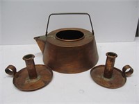 Arts & Crafts copper lot, candleholders, kettle